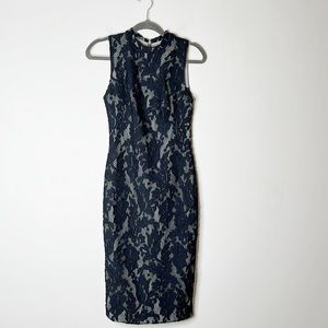 MARCIANO Black Lace Overlay Shift Fitted MIDI Cocktail dinner dress women size S